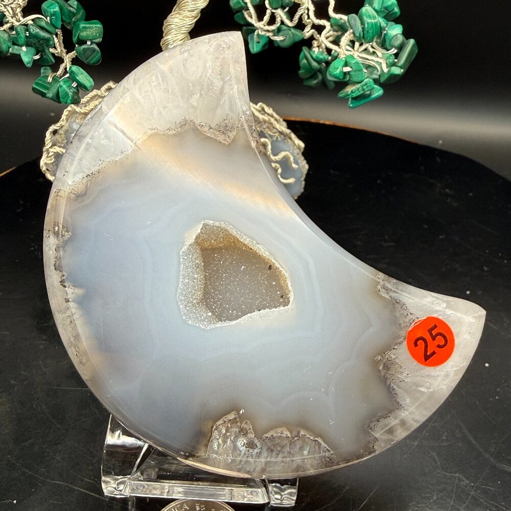 Agate Chalcedony Blue Gray Druzy Moon With Inclusions Quartz: 3.91" Tall 25